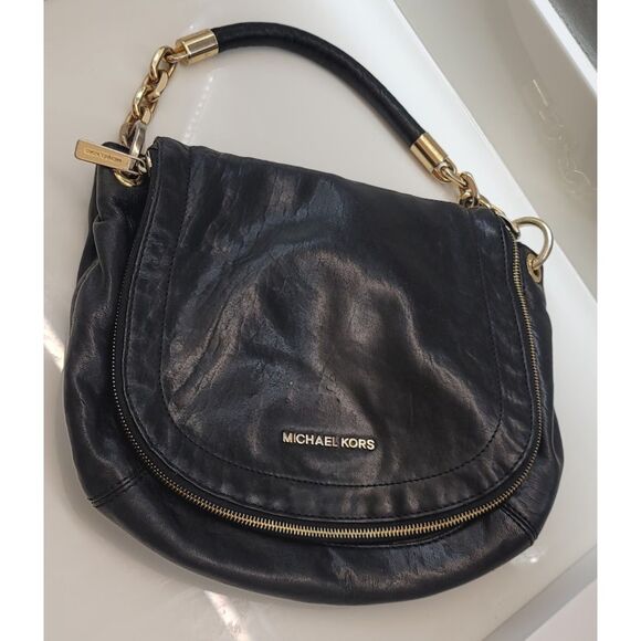 Michael Kors Y2K Grunge Goth Leather Black and Gold Purse Handbag Vintage Chain - Picture 1 of 12